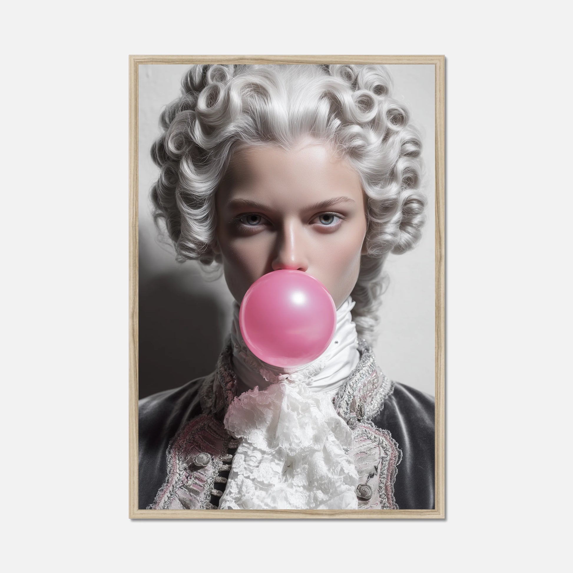Person in historical attire blowing a pink bubble with gum on a white background