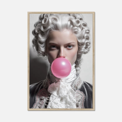 Person in historical attire blowing a pink bubble with gum on a white background