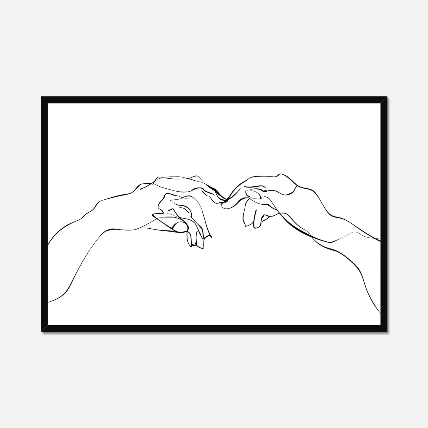 Black framed wall art of two hands near touching made from single lines on a white background