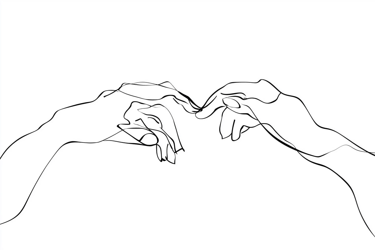 Minimalist black  line art illustration of two hands almost touching, set against a solid white background.