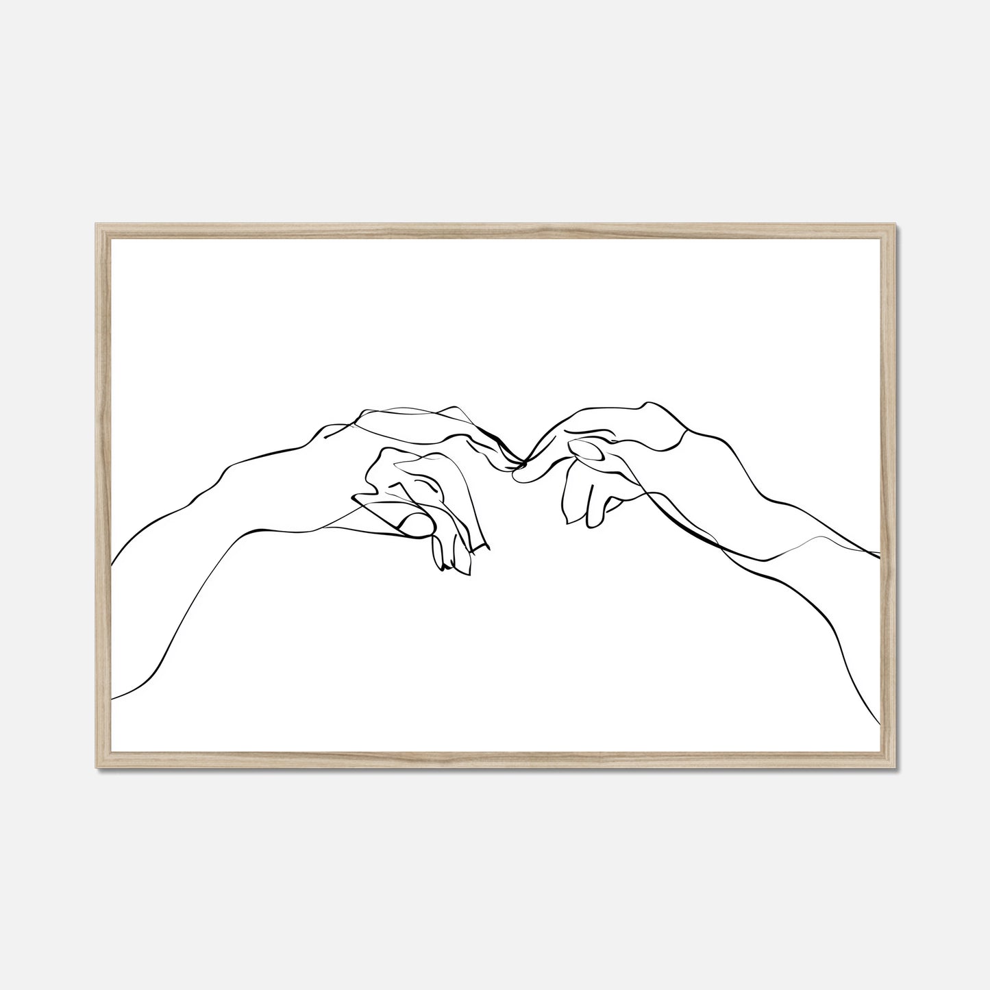 Natural oak framed wall art of two hands near touching made from single lines on a white background