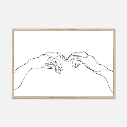 Natural oak framed wall art of two hands near touching made from single lines on a white background