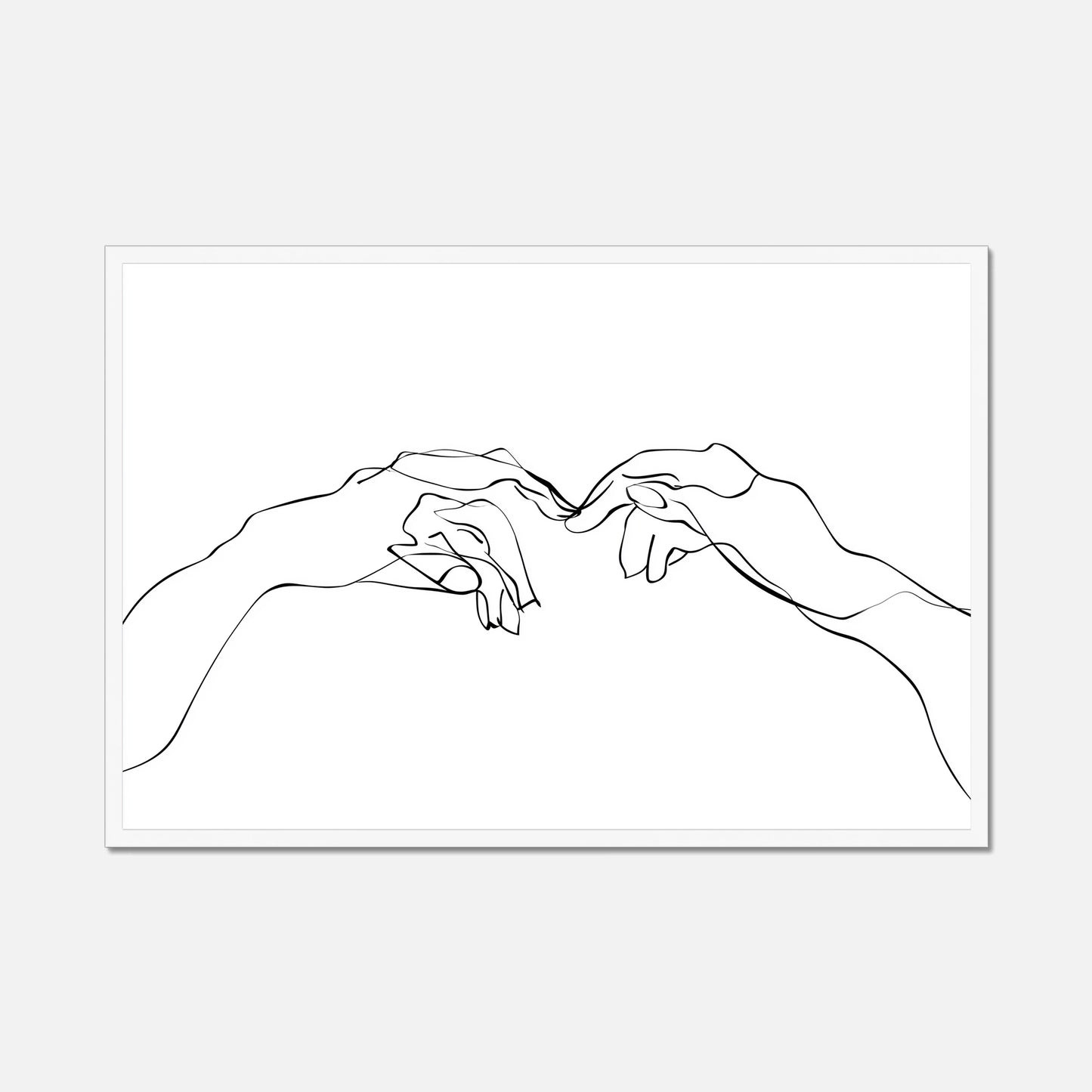 White framed wall art of two hands near touching made from single lines on a white background