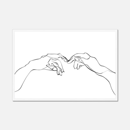 White framed wall art of two hands near touching made from single lines on a white background