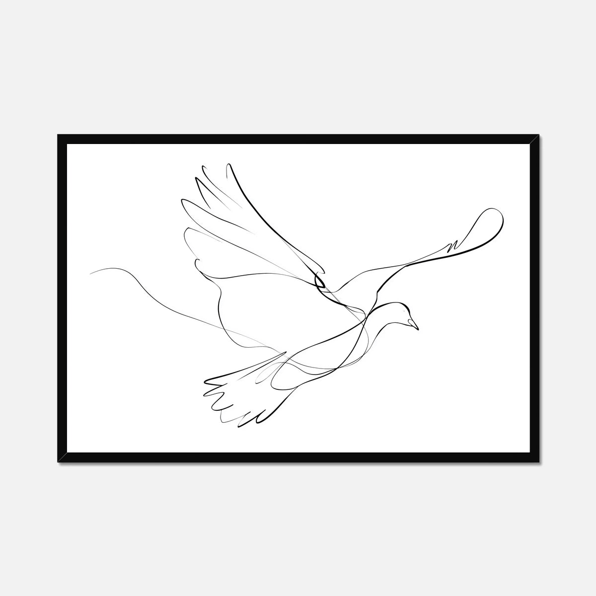 Black framed line drawing of a dove on a white background