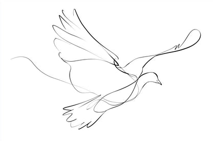 Minimalist black line art illustration of a flying bird on a solid white background.