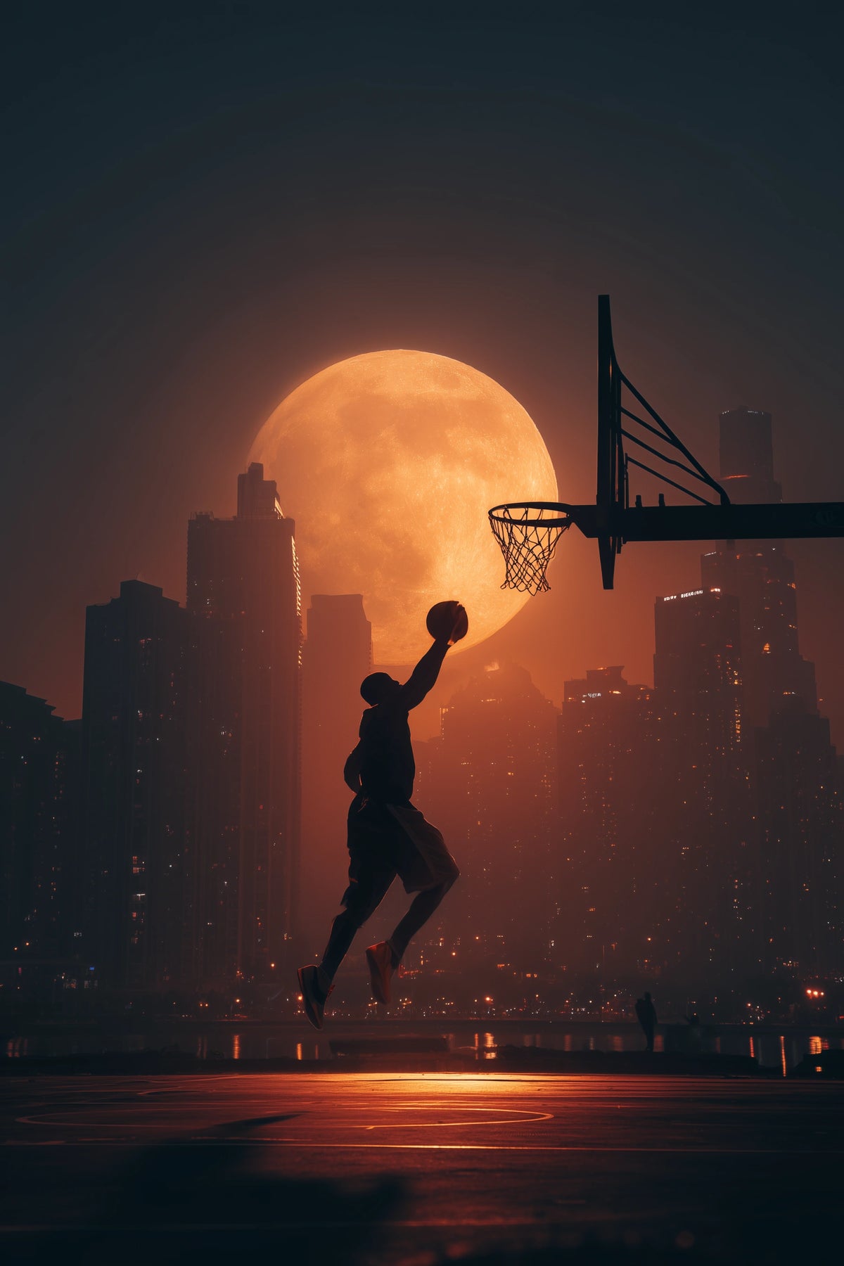 A dramatic basketball scene at sunset with a silhouetted player jumping toward a hoop, set against a large glowing orange moon and city skyline.