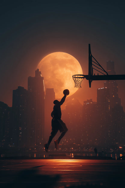 A dramatic basketball scene at sunset with a silhouetted player jumping toward a hoop, set against a large glowing orange moon and city skyline.