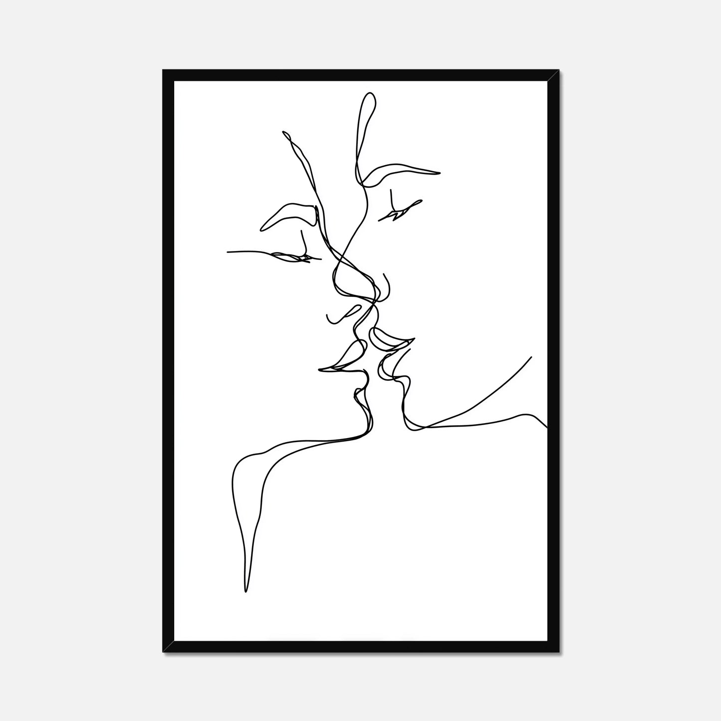 Black thin line art of two faces kissing in a black frame