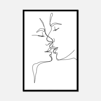 Black thin line art of two faces kissing in a black frame