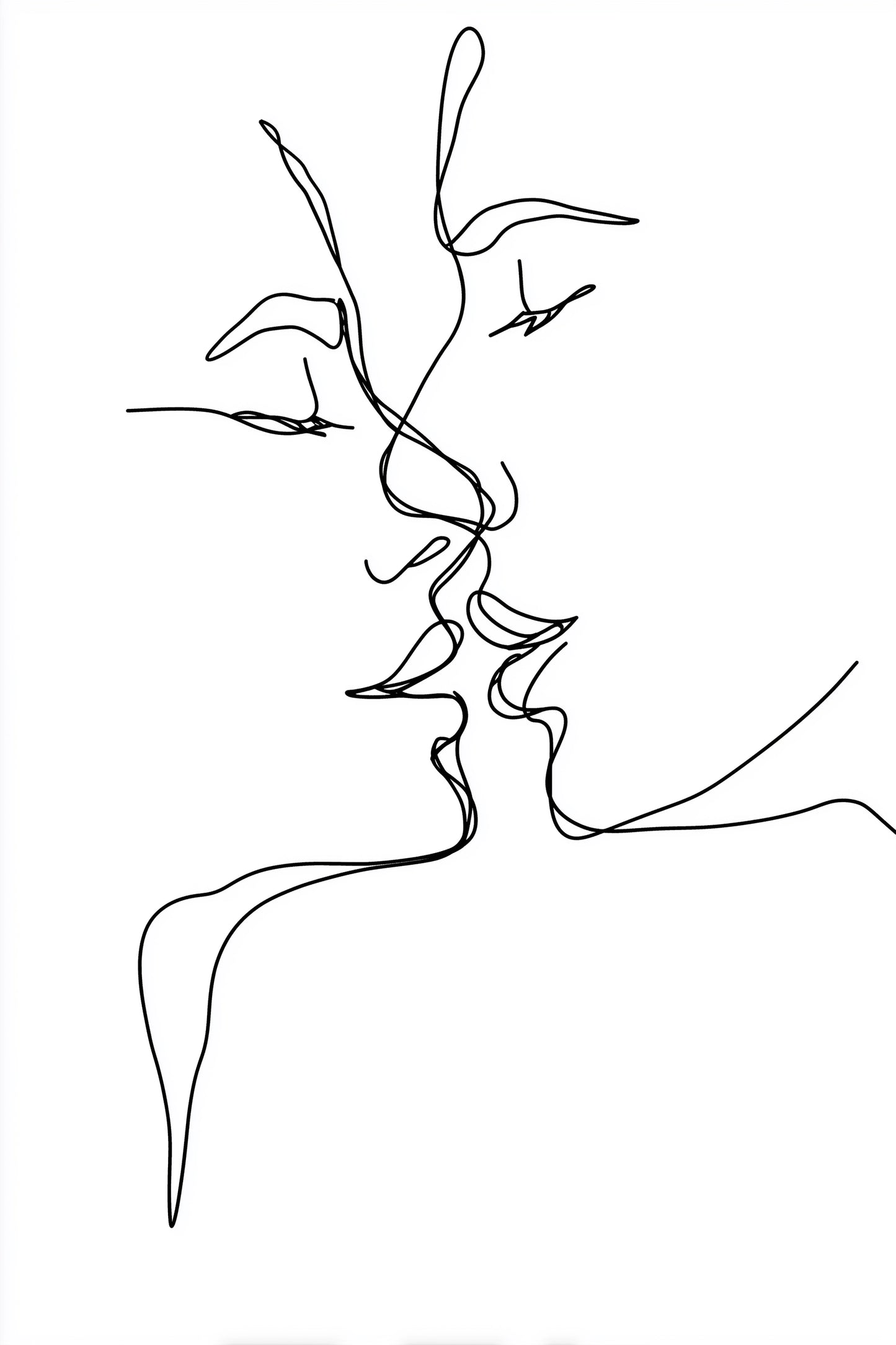 Minimalist black line art print depicting  abstract face profiles kissing on a solid white background.
