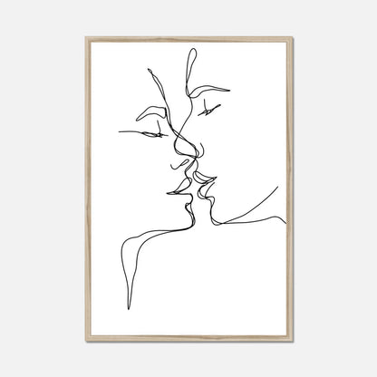 Black thin line art of two faces kissing in a natural oak frame