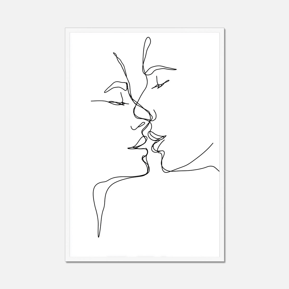 Black thin line art of two faces kissing in a white frame