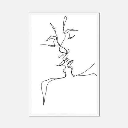 Black thin line art of two faces kissing in a white frame