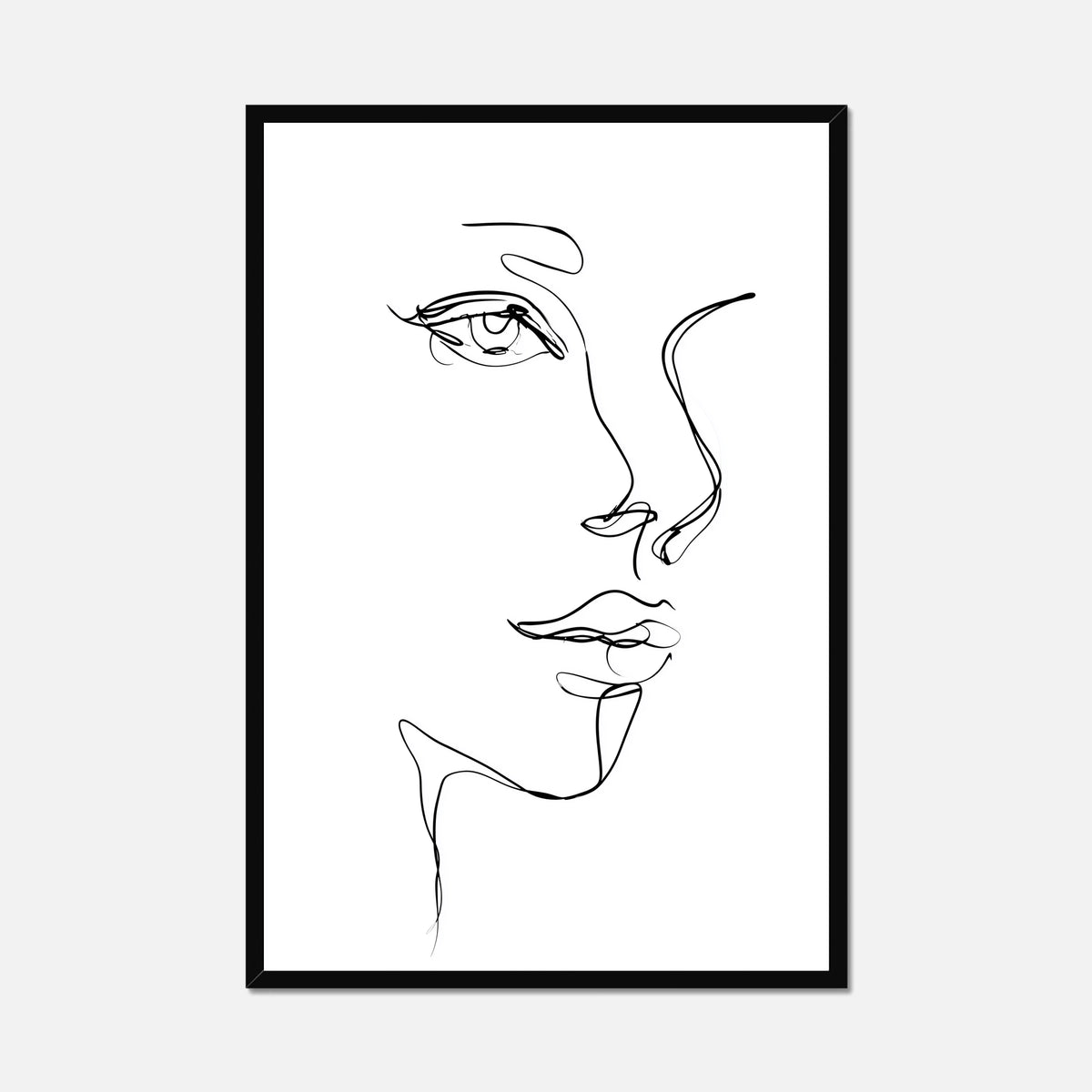 A minimalist black and white line art print of a woman's face in profile, presented in a thin black frame against a light gray background.