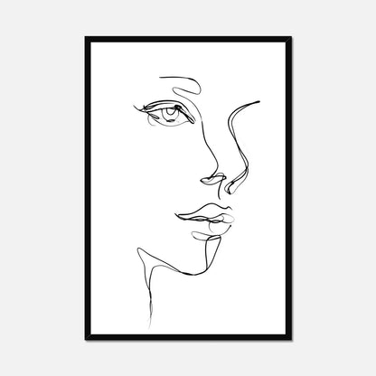 A minimalist black and white line art print of a woman's face in profile, presented in a thin black frame against a light gray background.