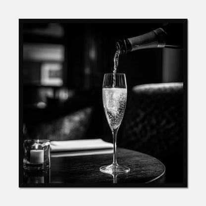 Black framed print of champagne being poured into a glass on a table with a blurred background
