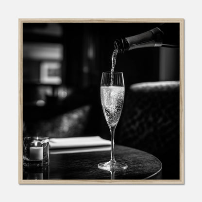 Natural oak framed print of champagne being poured into a glass on a table with a blurred background