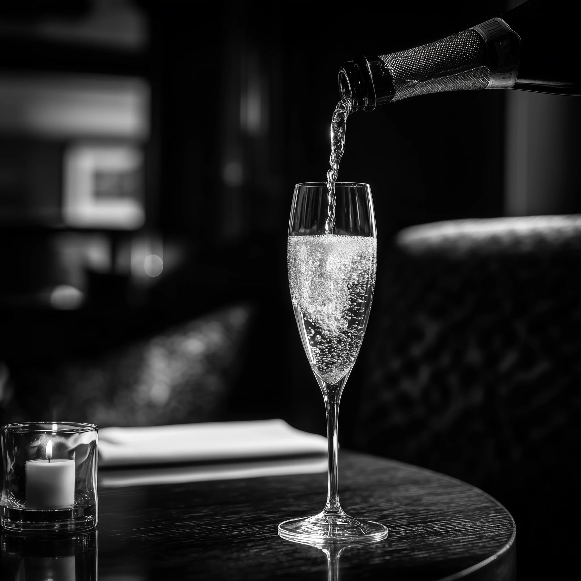 A clear champagne flute on a dark round table, with sparkling wine being poured from a bottle into the glass. A small lit candle in a glass holder sits on the left, and a blurred upholstered chair and dim interior are in the background.