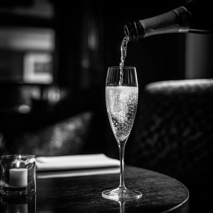 A clear champagne flute on a dark round table, with sparkling wine being poured from a bottle into the glass. A small lit candle in a glass holder sits on the left, and a blurred upholstered chair and dim interior are in the background.