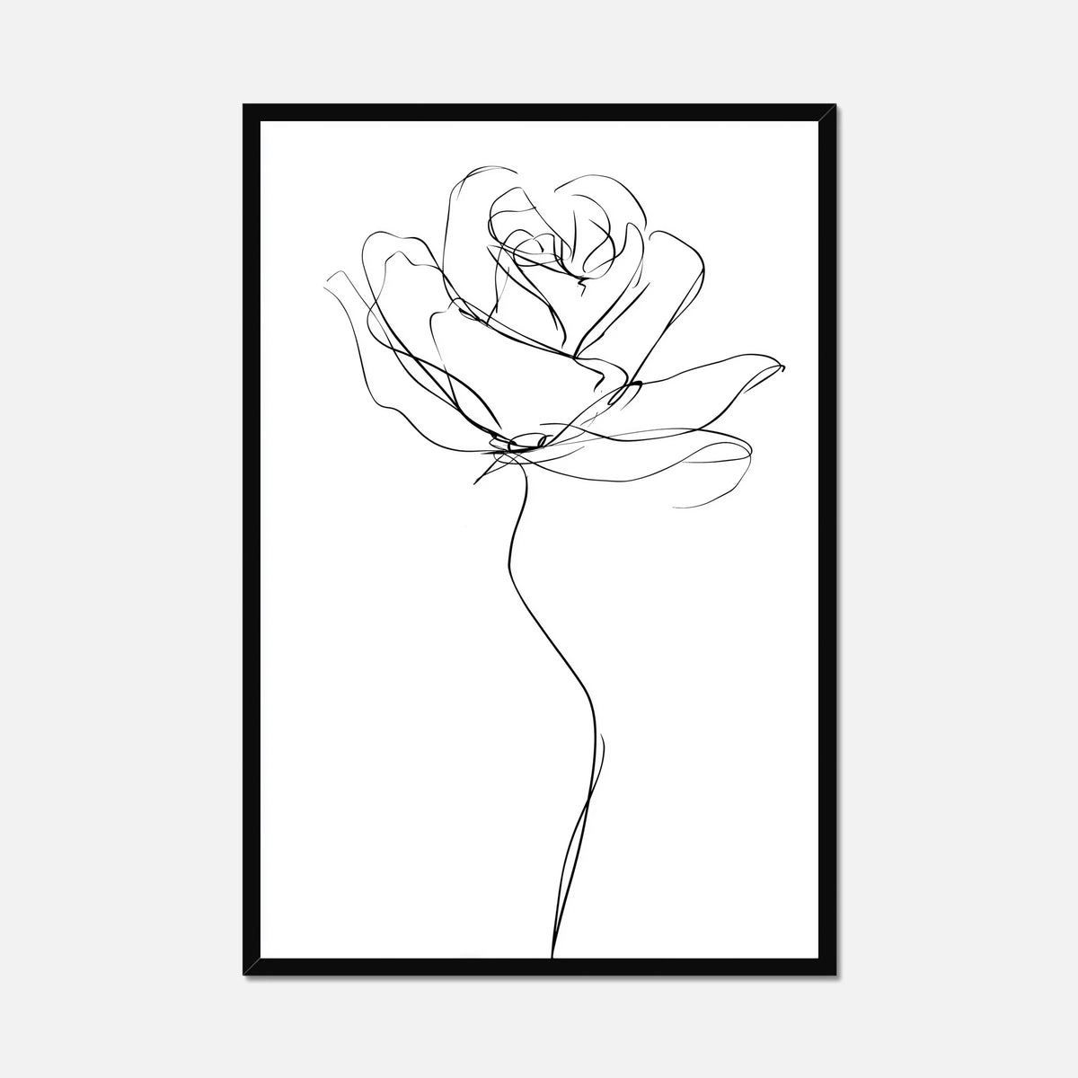 A minimalist black and white art print featuring a single continuous line drawing of a rose, presented in a thin black frame against a light gray background.
