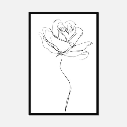A minimalist black and white art print featuring a single continuous line drawing of a rose, presented in a thin black frame against a light gray background.