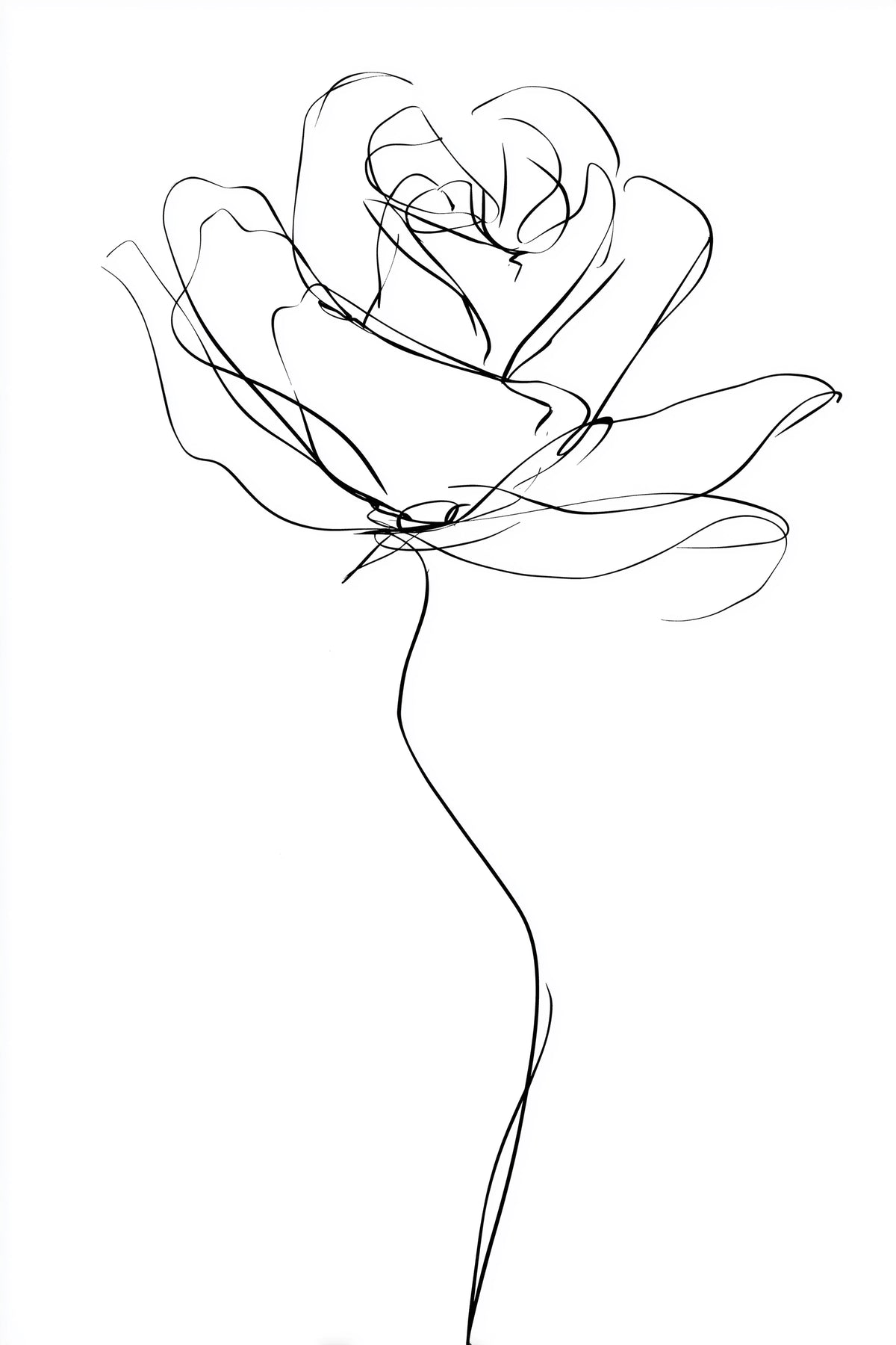 Minimalist black line art drawing of a rose on a white background.