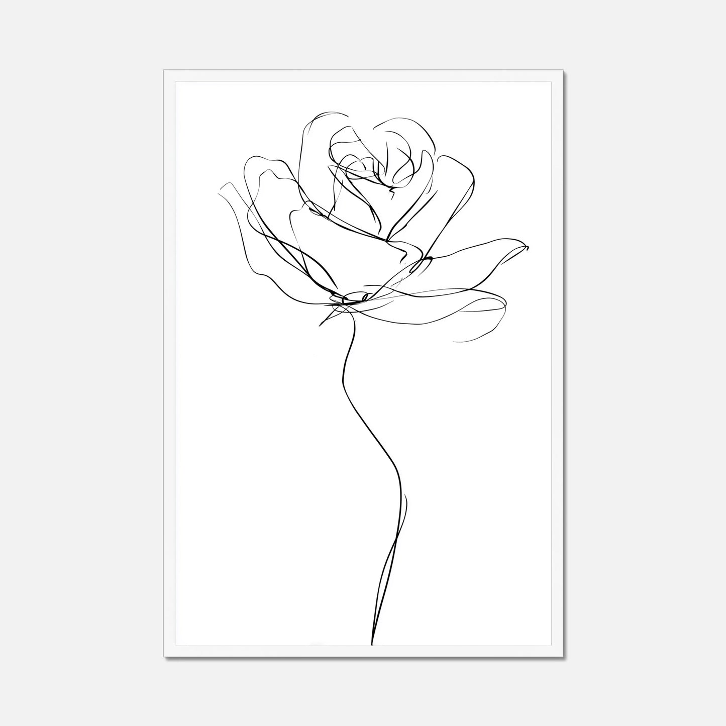 A minimalist black and white art print featuring a single continuous-line rose on a white background, presented as a vertical poster with a thin white frame against a light gray backdrop.
