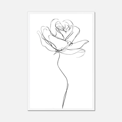 A minimalist black and white art print featuring a single continuous-line rose on a white background, presented as a vertical poster with a thin white frame against a light gray backdrop.