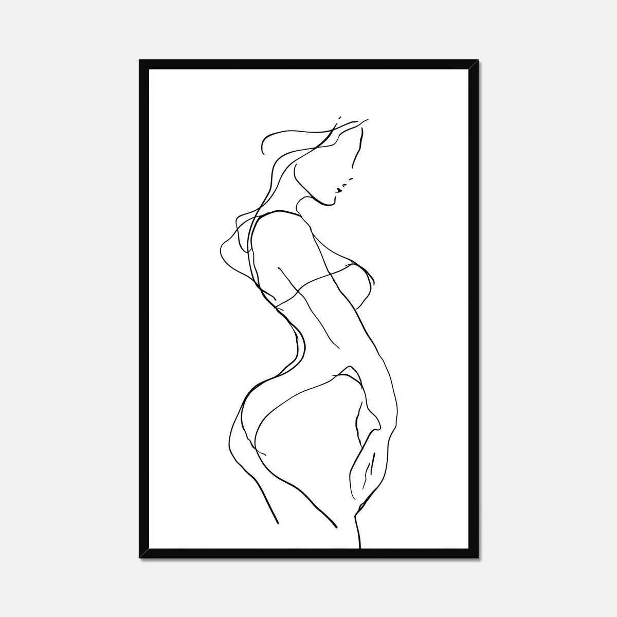 Black framed black line art of a female figure on a white background