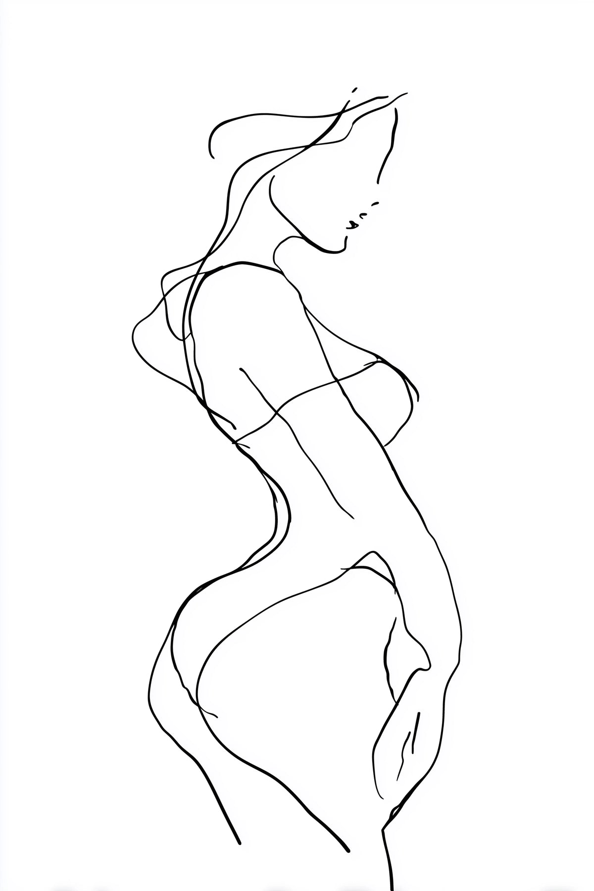 Minimalist black line art drawing of a woman's silhouette in profile on a white background.