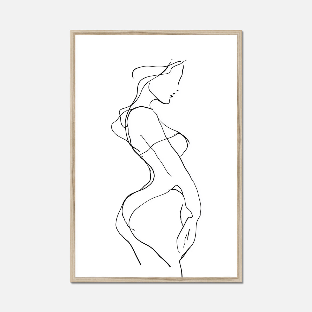 Natural oak framed black line art of a female figure on a white background