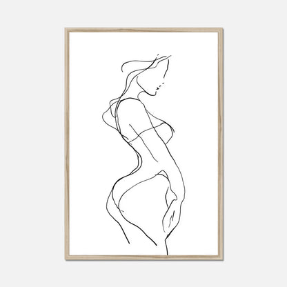 Natural oak framed black line art of a female figure on a white background