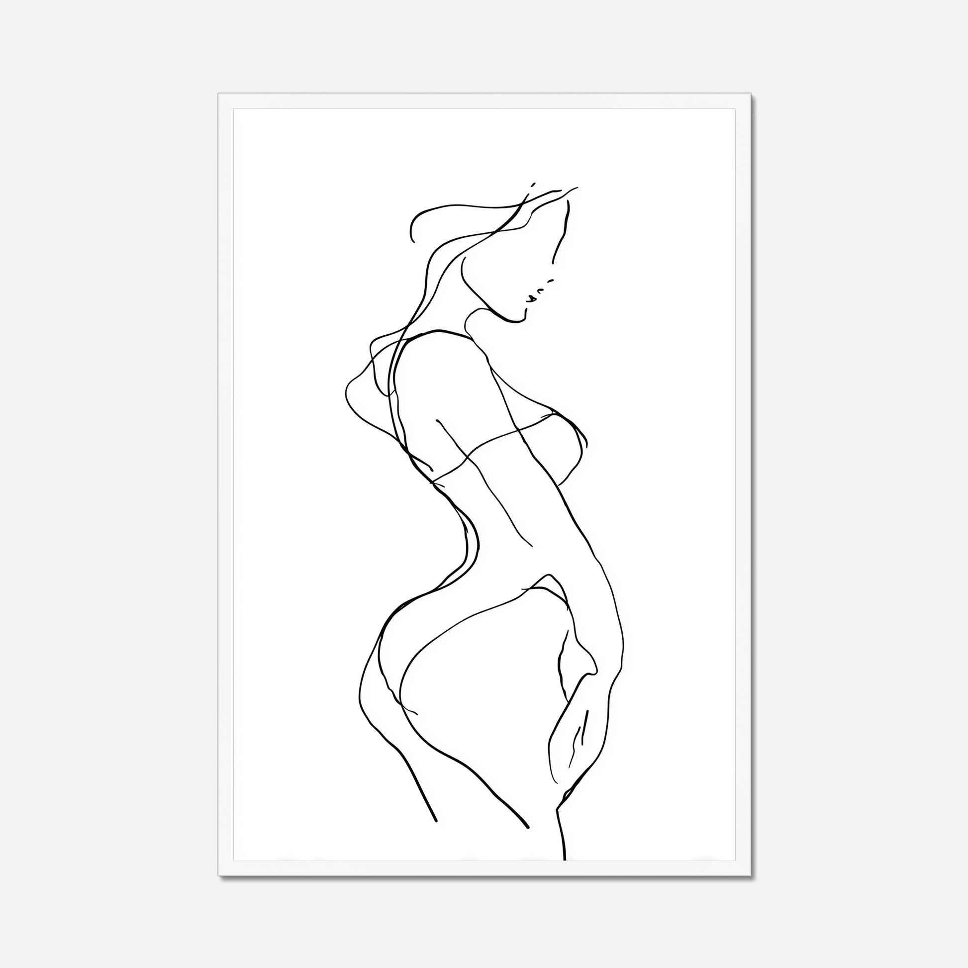 White framed black line art of a female figure on a white background
