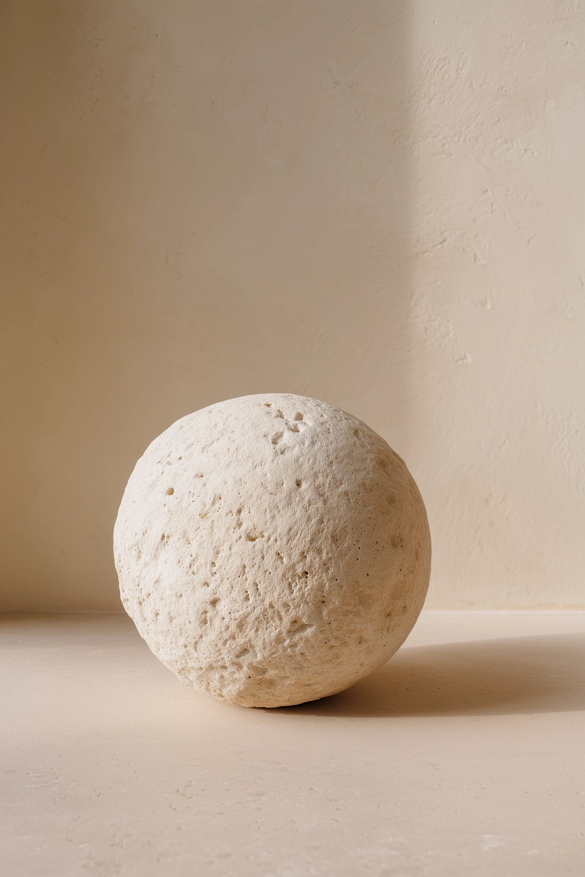 A pumice sphere centered in a beige room