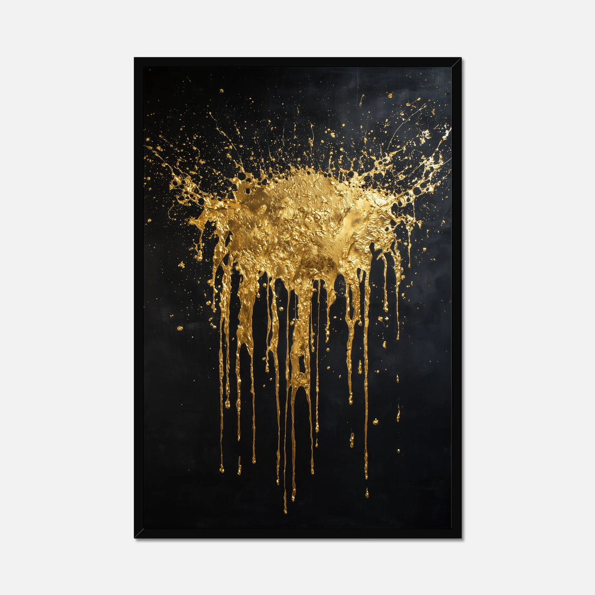 Abstract art piece with gold splashes and drips on a black background