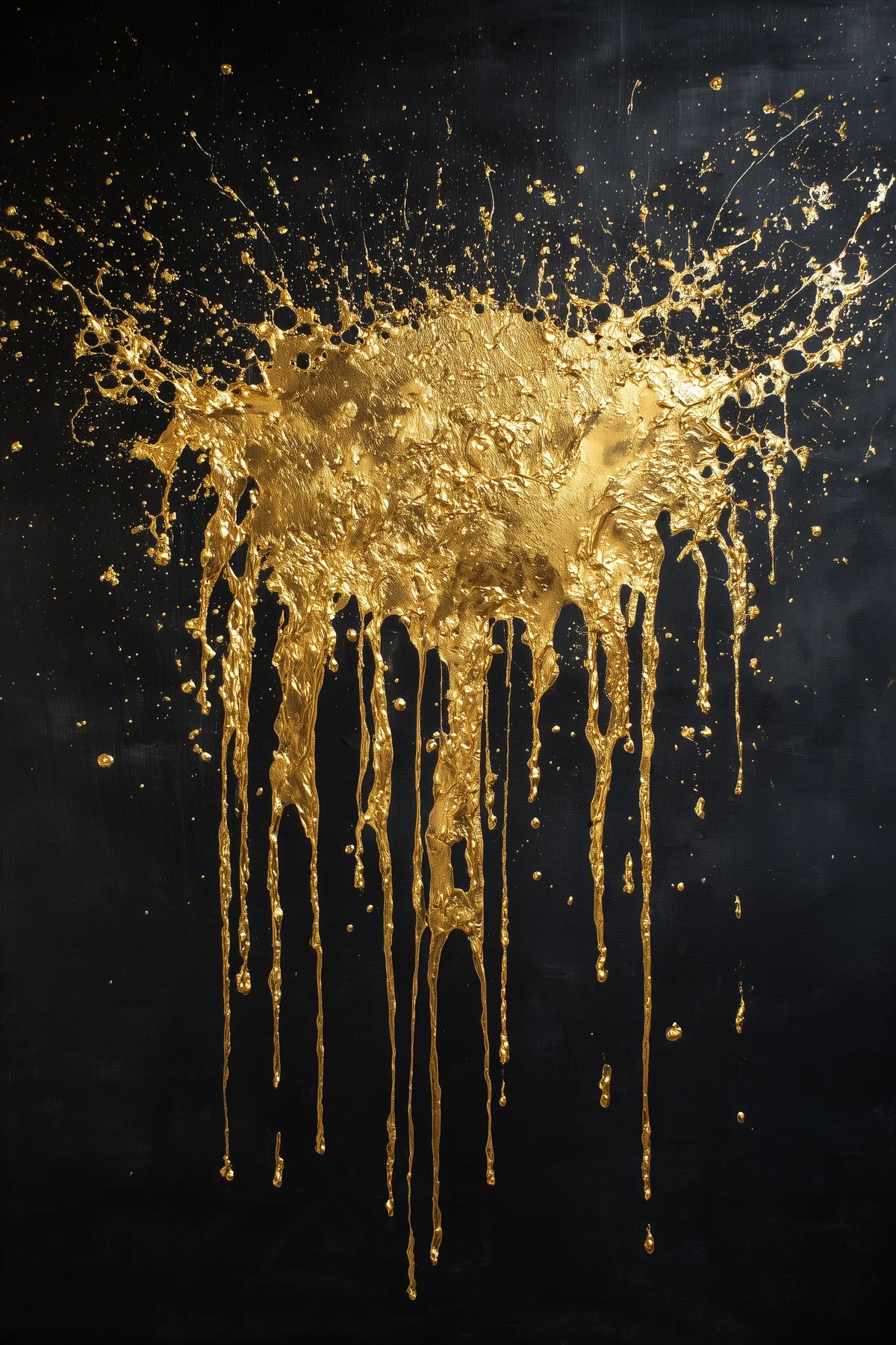A dramatic splash of metallic gold paint or gold leaf against a dark black background, with the gold splatter dripping downward in long streaks.