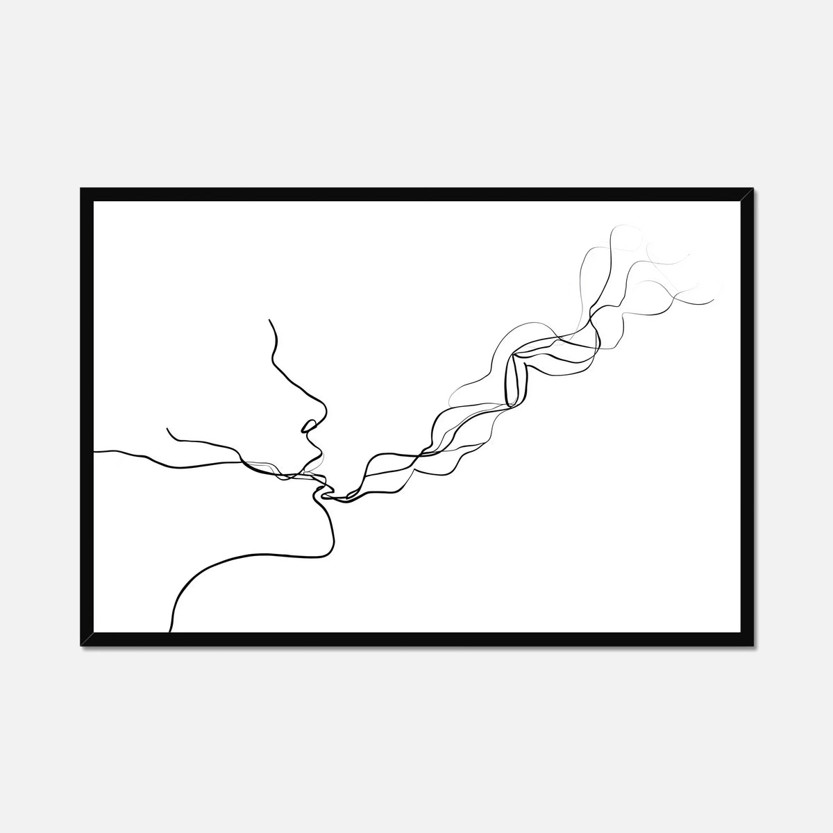Framed line in a black border art of two faces kissing on a white background 