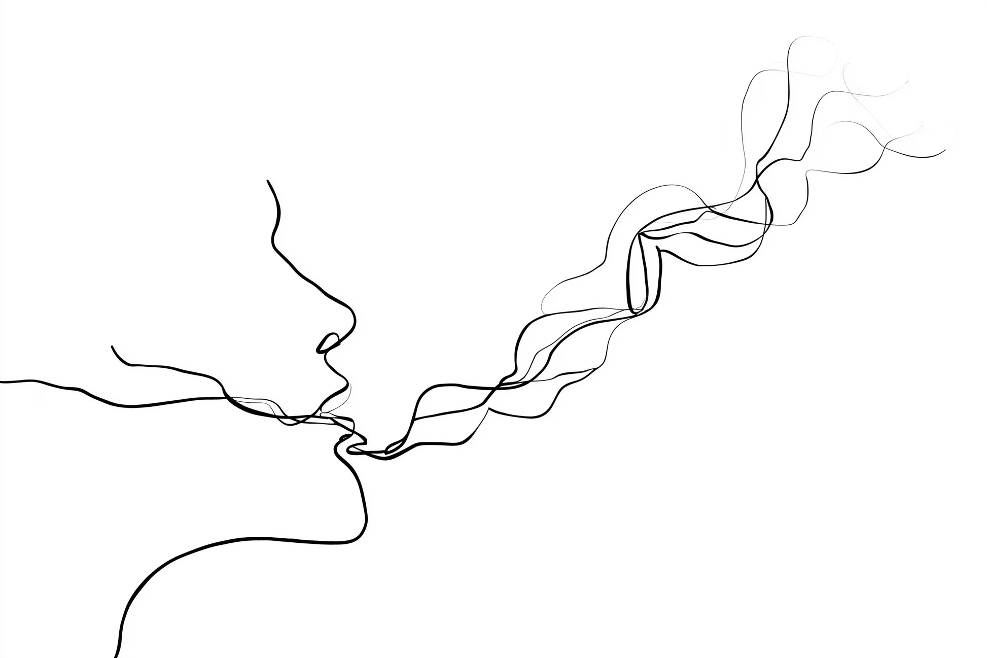 A minimalist black continuous line art illustration on a solid white background, depicting a stylized face blowing smoke.