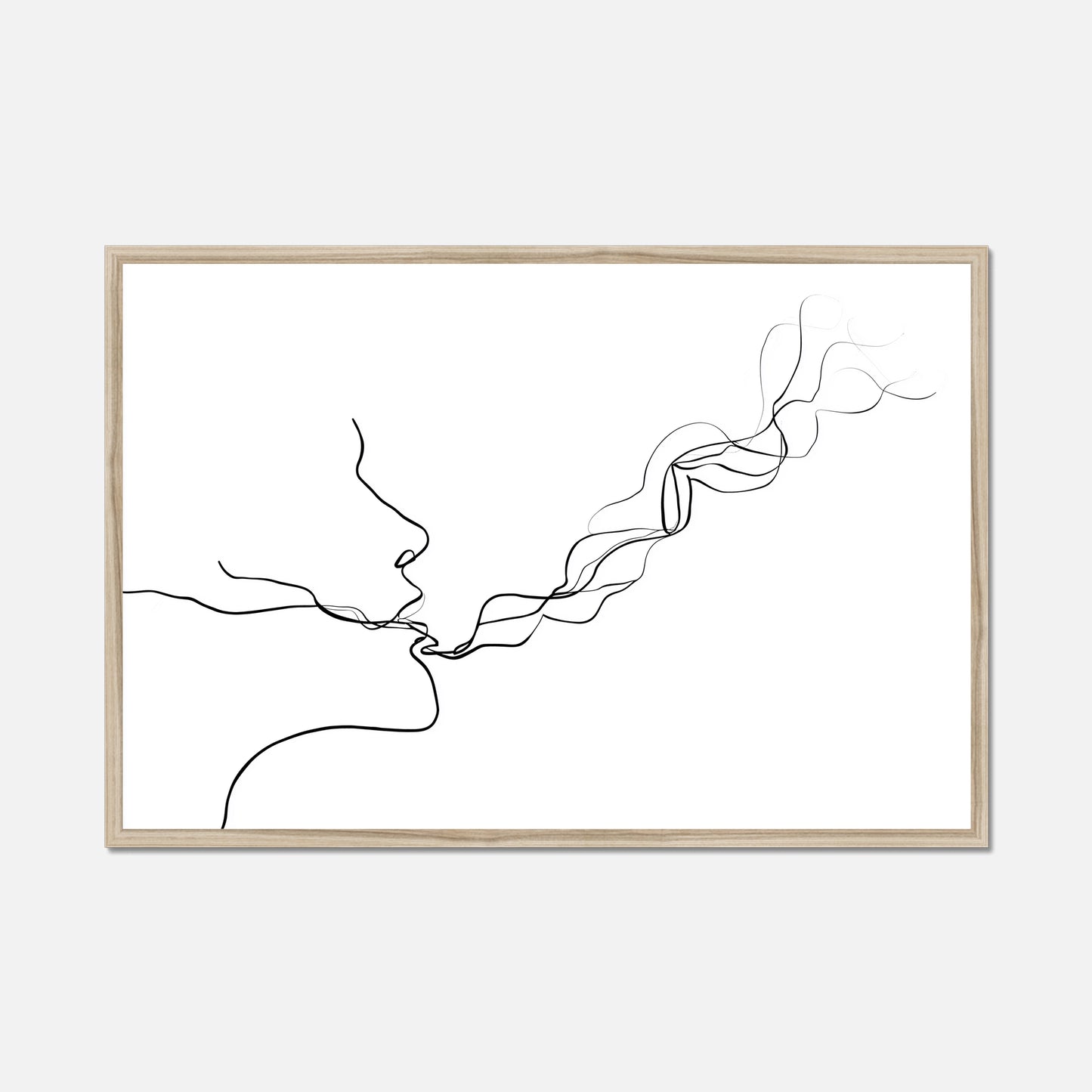Framed line in a natural oak border art of two faces kissing on a white background 