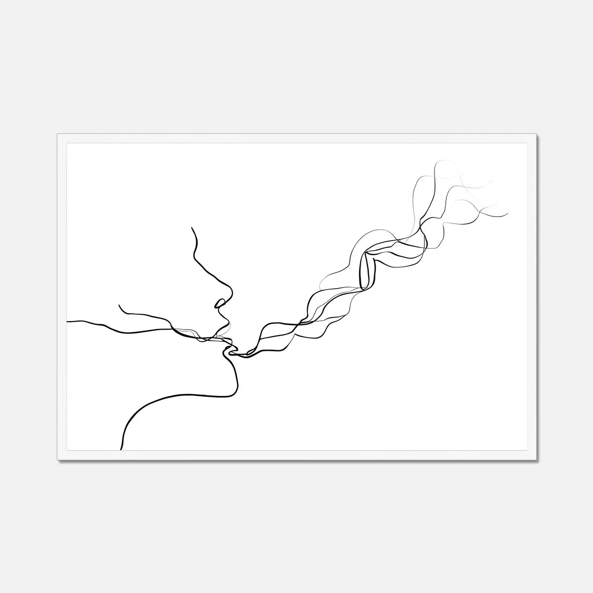 Framed line in a white border art of two faces kissing on a white background 