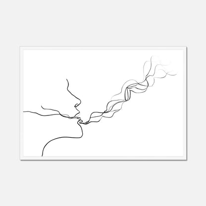 Framed line in a white border art of two faces kissing on a white background 