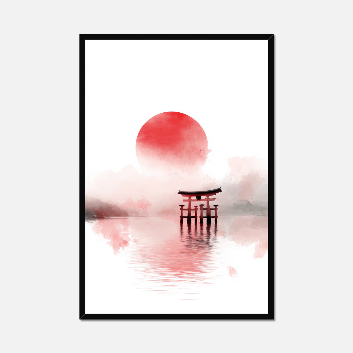 Black framed artwork of a Japandi red sun and gate over water on a white background
