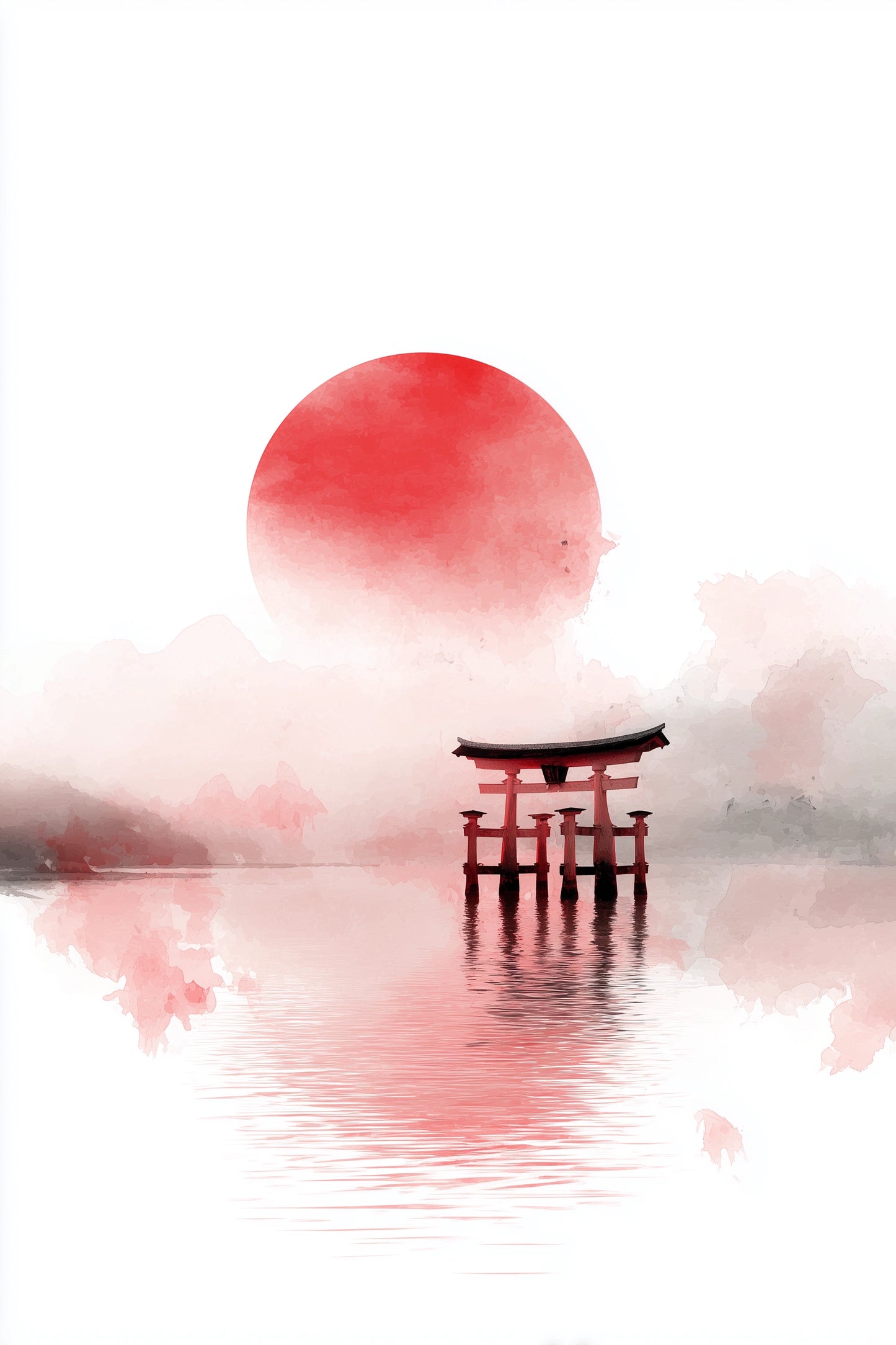 Minimalist Japanese-style art print featuring a red torii gate standing in reflective water under a large red sun, rendered in soft watercolor tones on a white background.