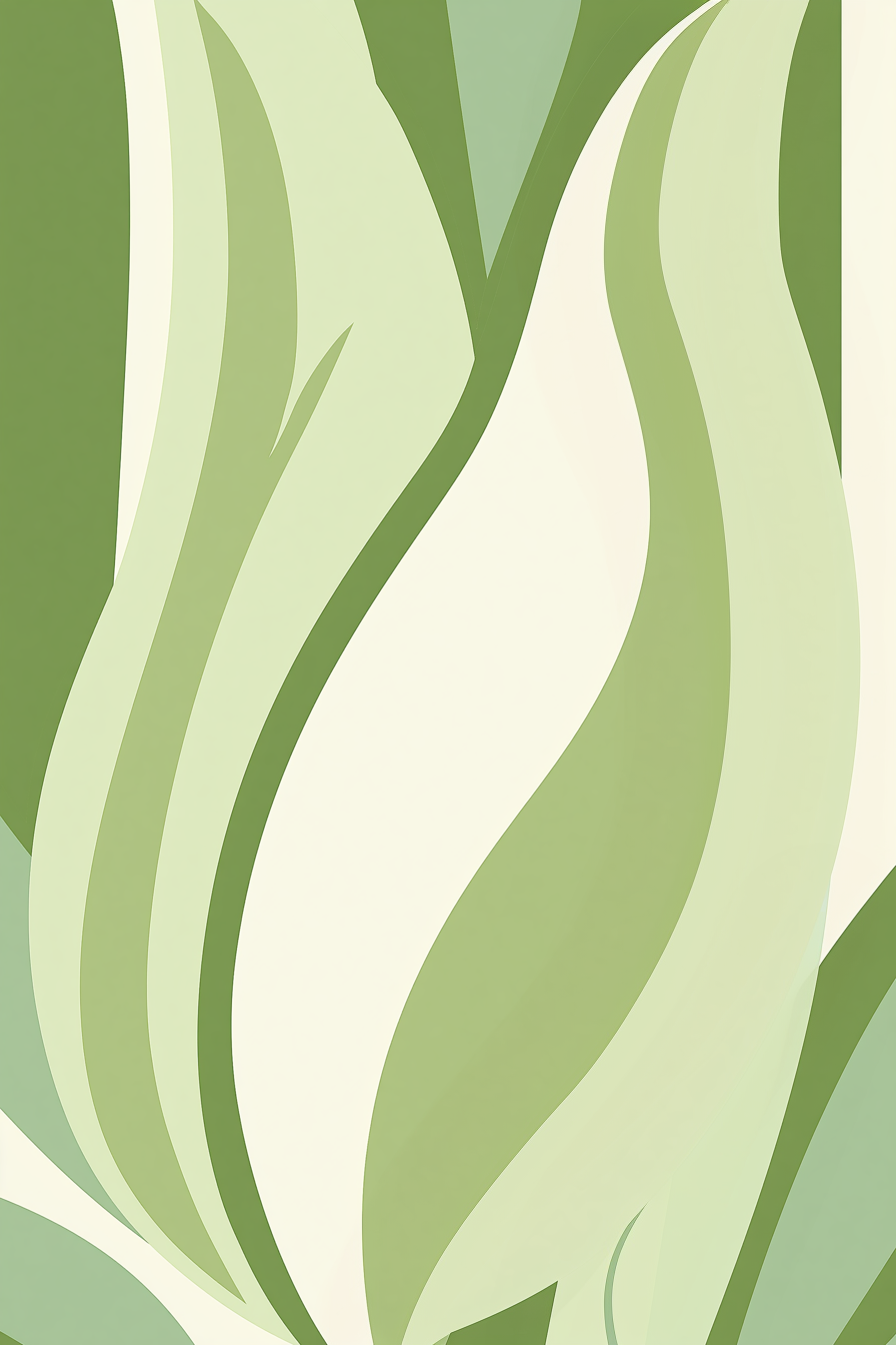 Abstract botanical pattern featuring layered, flowing leaf-like shapes in shades of sage green, olive green, and cream.