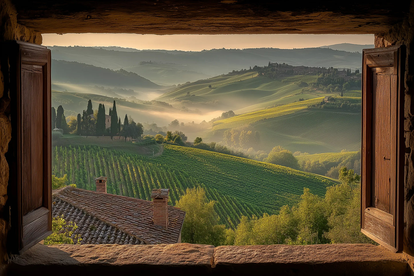 A scenic landscape print showing rolling Tuscan green hills, vineyards, and misty valleys framed by an open rustic stone window with wooden shutters.