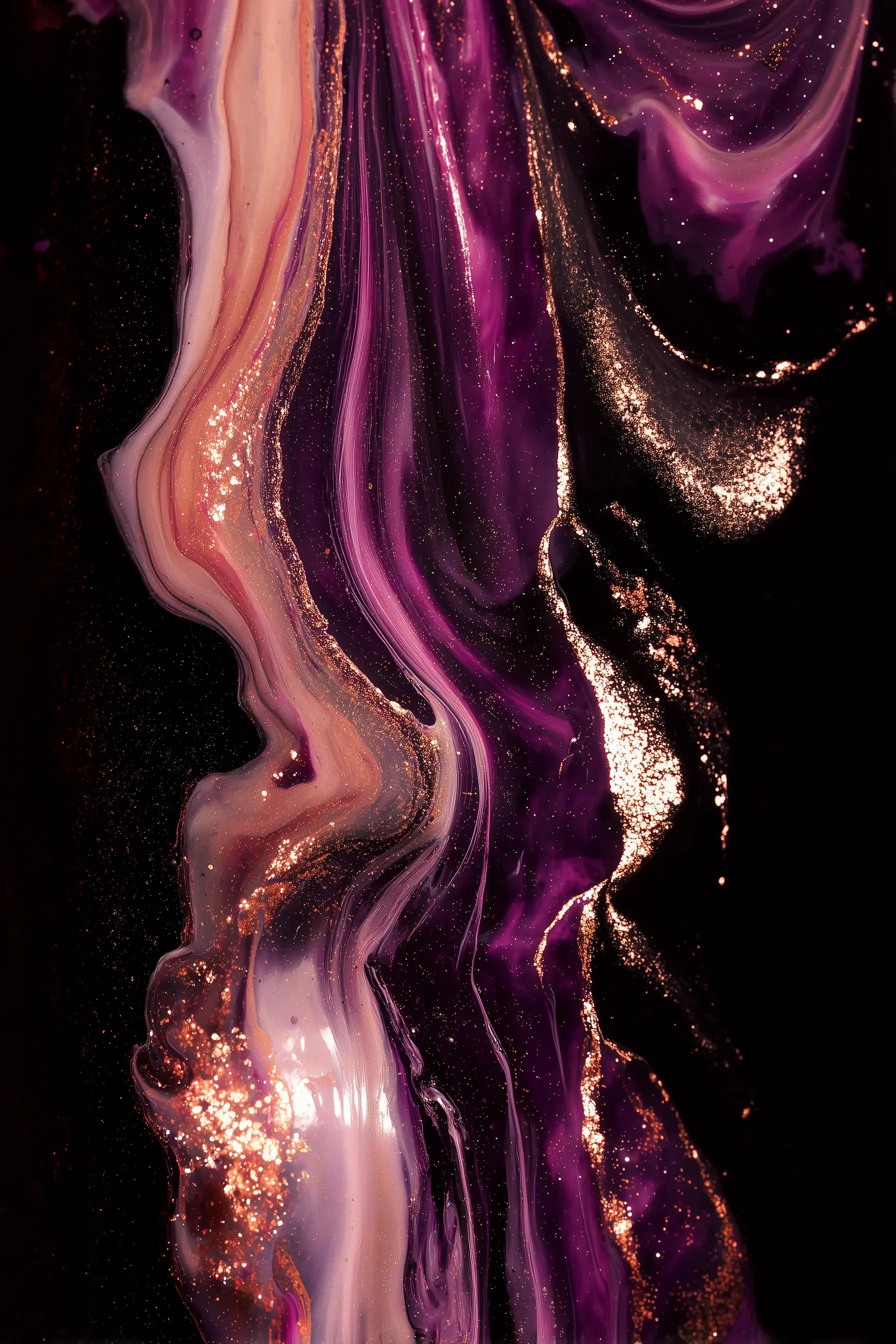 Abstract fluid art print featuring wavy, metallic purple, pink, and rose gold liquid swirls with glitter on a solid black background.