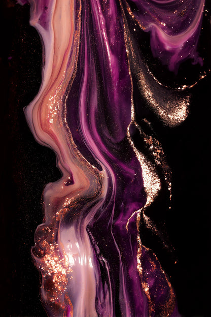 Abstract fluid art print featuring wavy, metallic purple, pink, and rose gold liquid swirls with glitter on a solid black background.