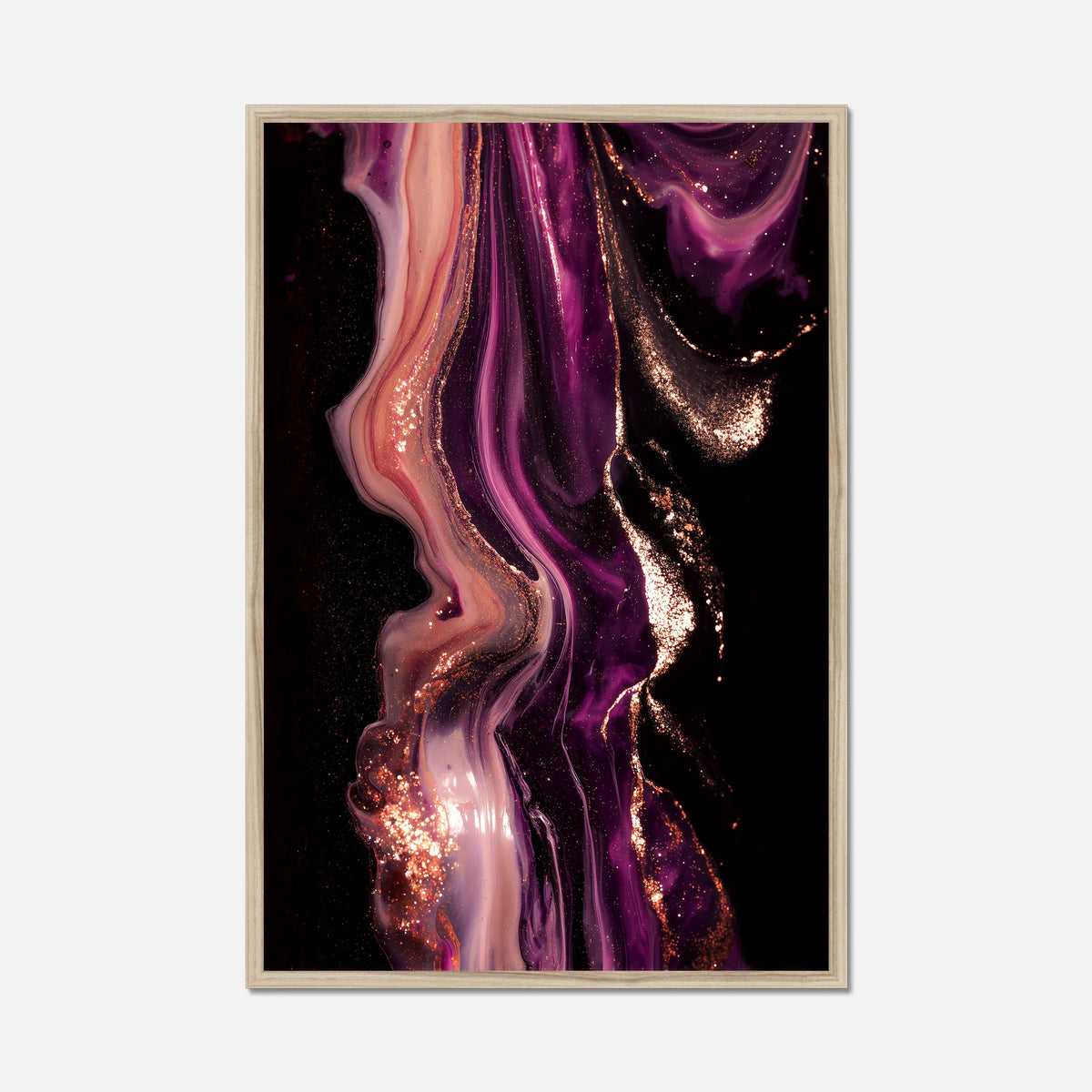 Abstract art print with purple and gold colors on a black background