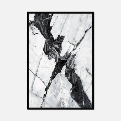Black framed black and white marble wall art on a white background